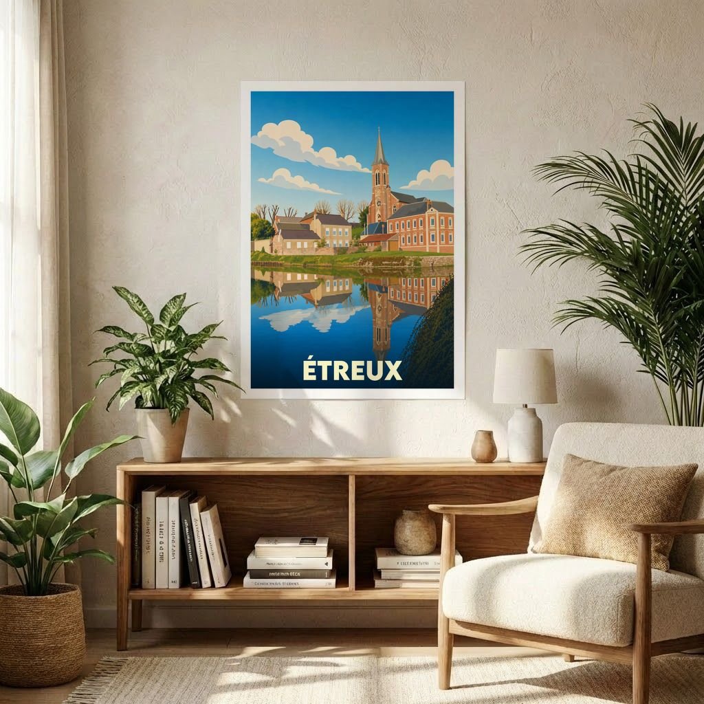 Affiche souvenir de la ville d'Étreux présentant une illustration stylisée d'un paysage urbain se reflétant dans l'eau.
