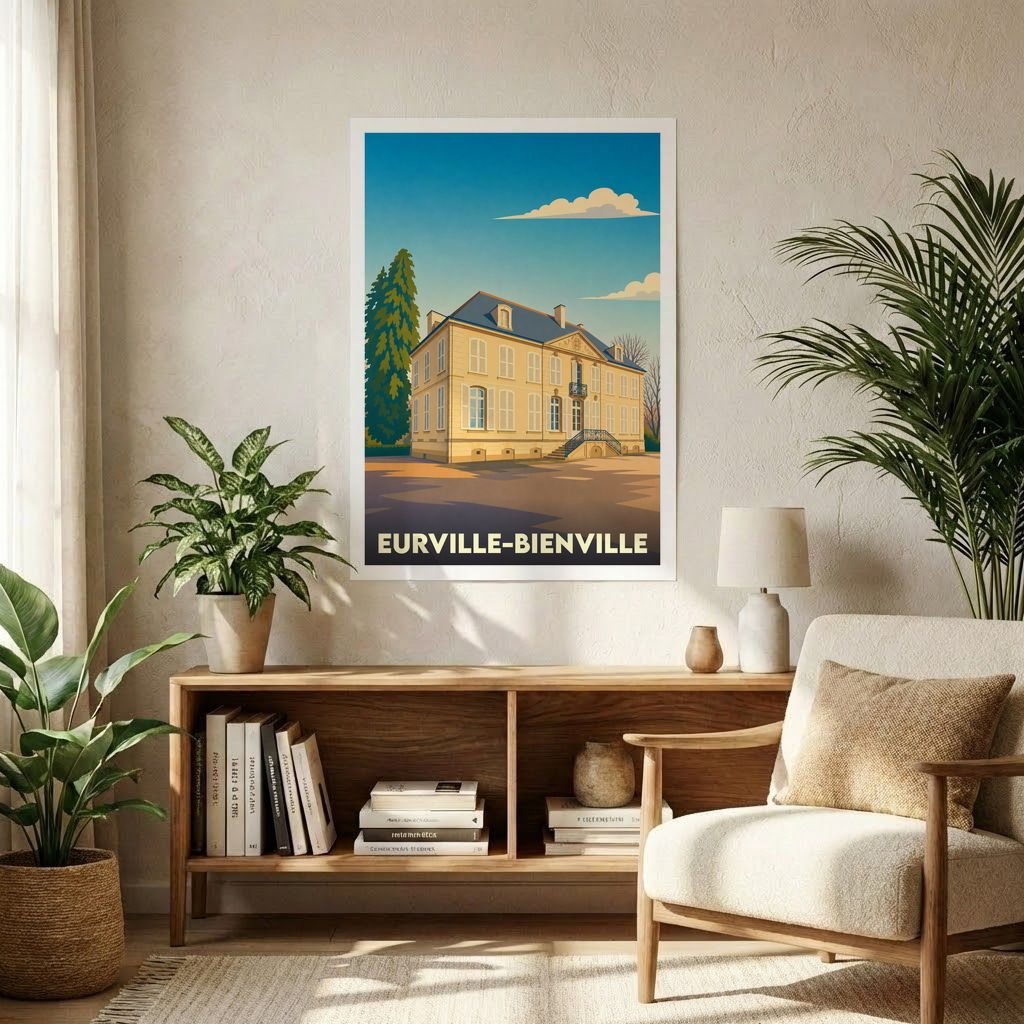 Affiche souvenir de la ville de Eurville-Bienville avec une illustration stylisée d'une demeure historique.