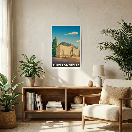 Affiche souvenir de la ville de Eurville-Bienville avec une illustration stylisée d'un château.