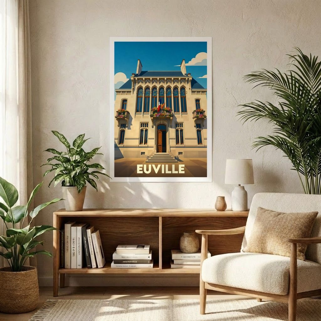 Affiche souvenir de la ville d'Euville illustrant son hôtel de ville dans un style rétro.