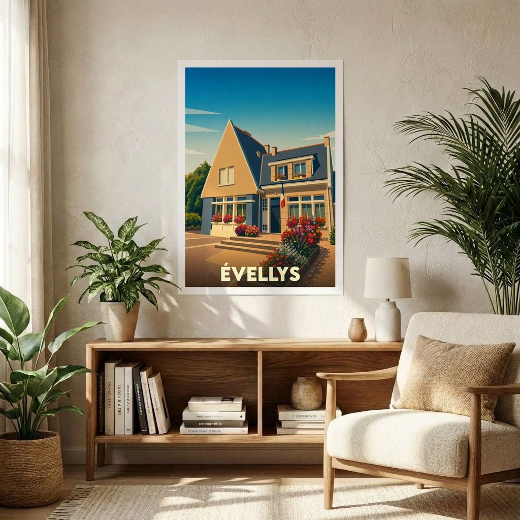 Affiche souvenir de la ville d'Évellys présentant une illustration stylisée d'une maison fleurie sous un ciel azur.