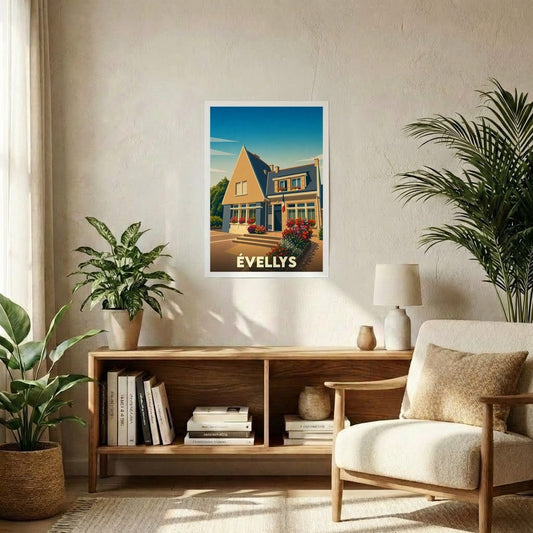 Affiche souvenir de la ville de Évellys avec une illustration stylisée d'une maison traditionnelle fleurie.