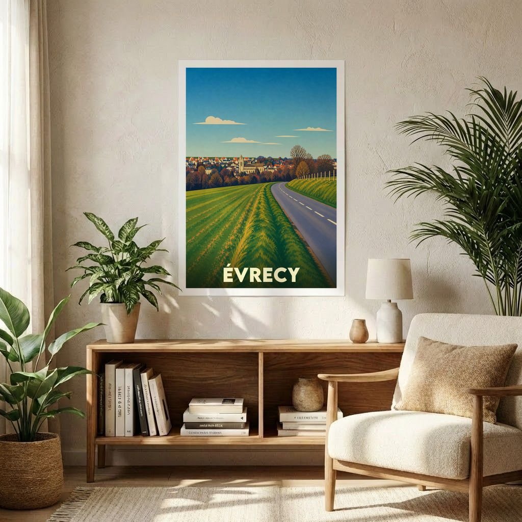 Affiche souvenir de la ville d'Évrecy représentant un paysage champêtre dans un style graphique rétro.