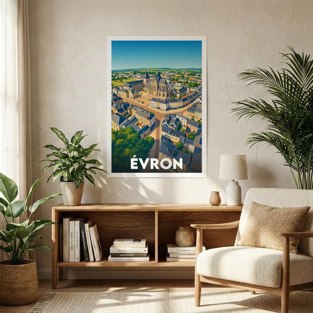 Affiche souvenir de la ville d'Évron présentant une illustration stylisée du centre-ville et de sa basilique vue du ciel.