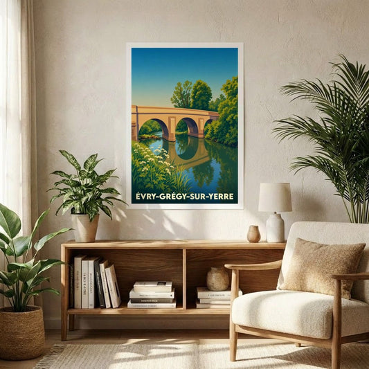 Affiche souvenir de la ville d'Évry-Grégy-sur-Yerre représentant son pont historique dans un style graphique épuré.