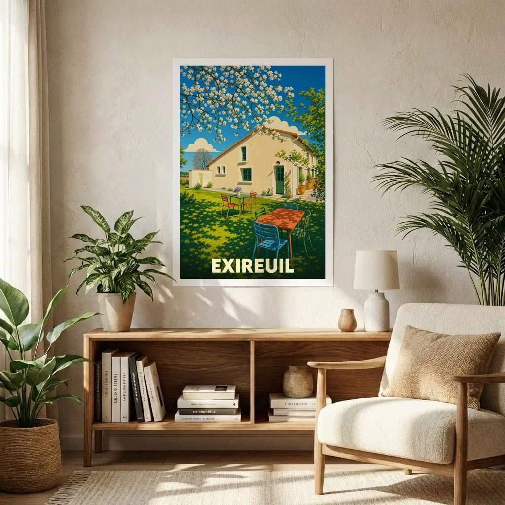 Affiche souvenir de la ville de Exireuil avec une illustration stylisée d'une maison de campagne et son jardin.