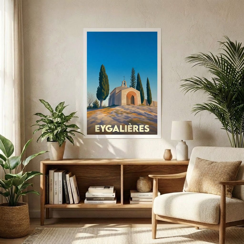 Affiche souvenir de la ville de Eygalières avec une illustration stylisée d'une chapelle provençale.