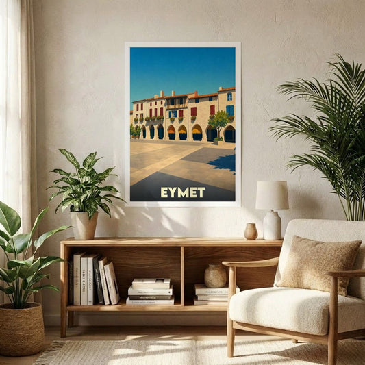 Affiche souvenir de la ville d'Eymet avec une illustration stylisée de sa place centrale ensoleillée.