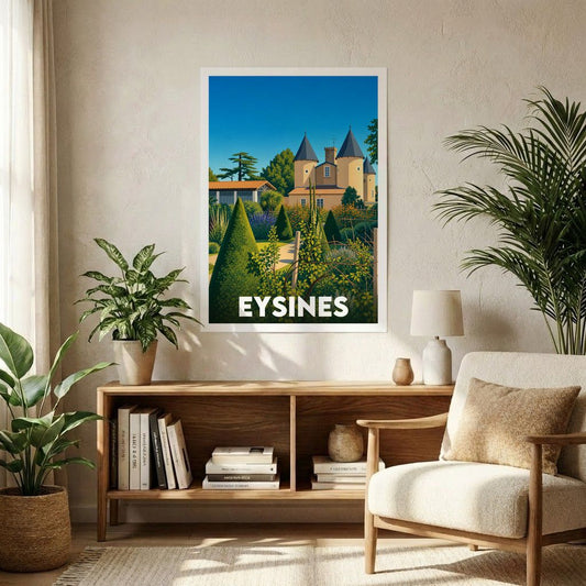 Affiche souvenir de la ville d'Eysines avec une illustration stylisée de ses jardins et de son patrimoine architectural.