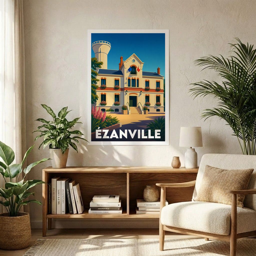 Affiche souvenir de la ville d'Ézanville avec une illustration stylisée de son hôtel de ville.