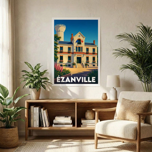 Affiche souvenir de la ville d'Ézanville avec une illustration stylisée de son hôtel de ville.