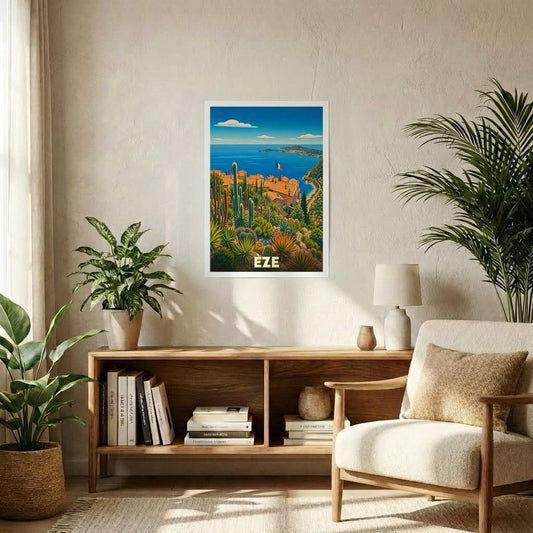 Affiche souvenir de la ville d'Èze représentant son jardin exotique surplombant la mer.