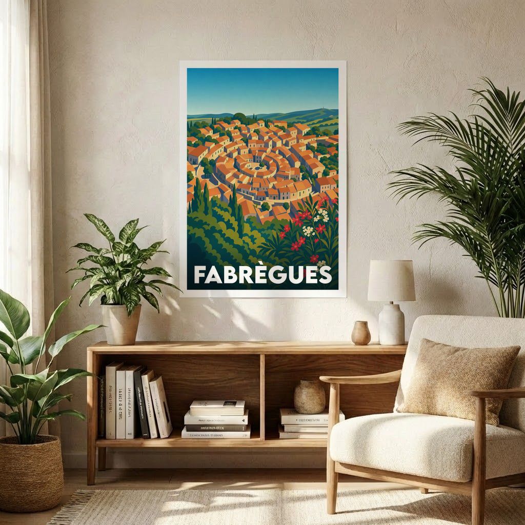Affiche souvenir de la ville de Fabrègues représentant une illustration stylisée du village niché dans la verdure.