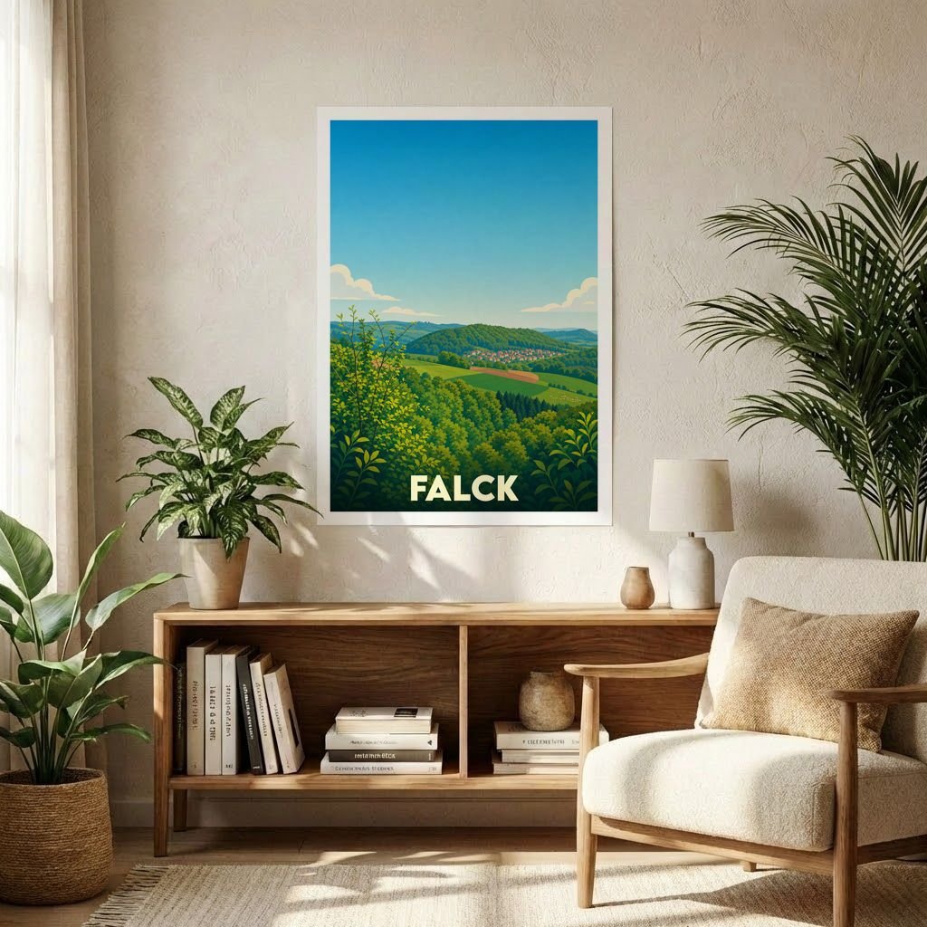 Affiche souvenir de la ville de Falck représentant un paysage verdoyant vallonné dans un style graphique épuré.