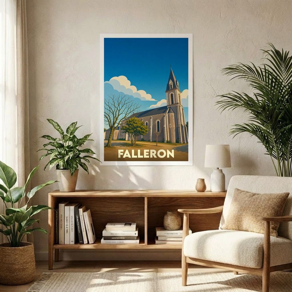 Affiche souvenir de la ville de Falleron avec une illustration stylisée de son église sous un ciel bleu.