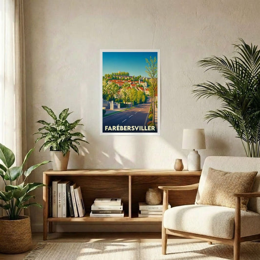 Affiche souvenir de la ville de Farébersviller avec une illustration stylisée d'un paysage urbain verdoyant.