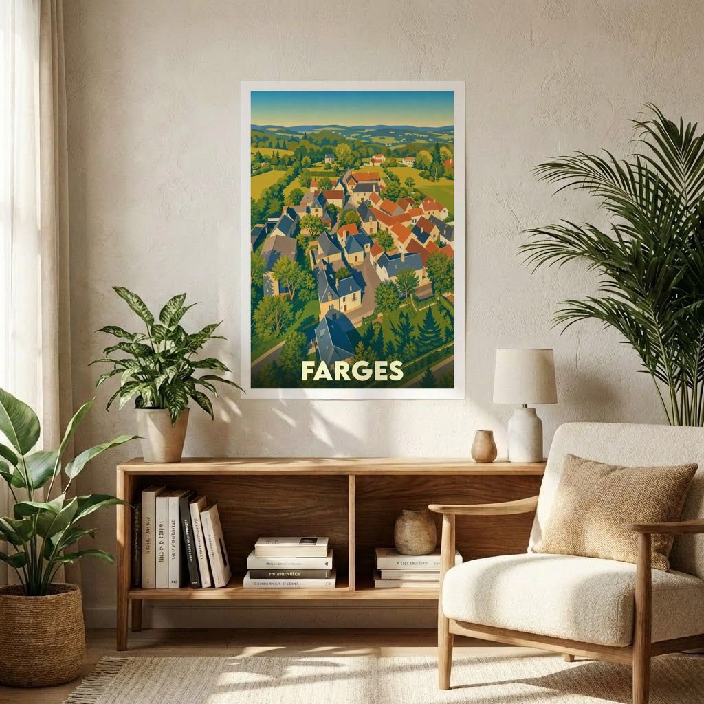 Affiche souvenir de la ville de Farges avec une illustration stylisée d'un village niché dans une vallée verdoyante.