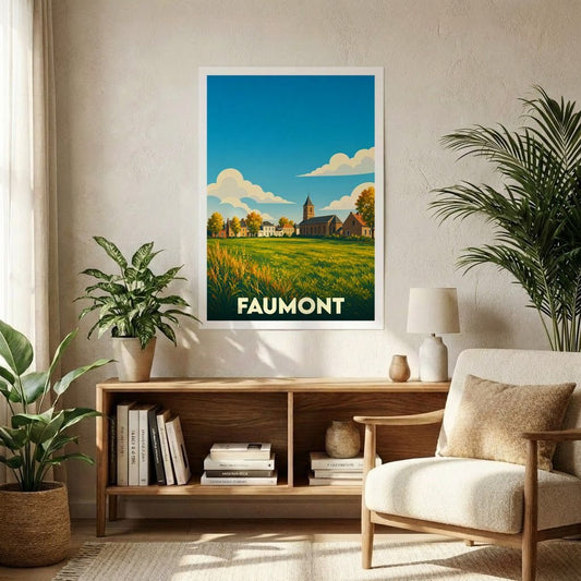 Affiche souvenir de la ville de Faumont avec une illustration stylisée d'un paysage champêtre.