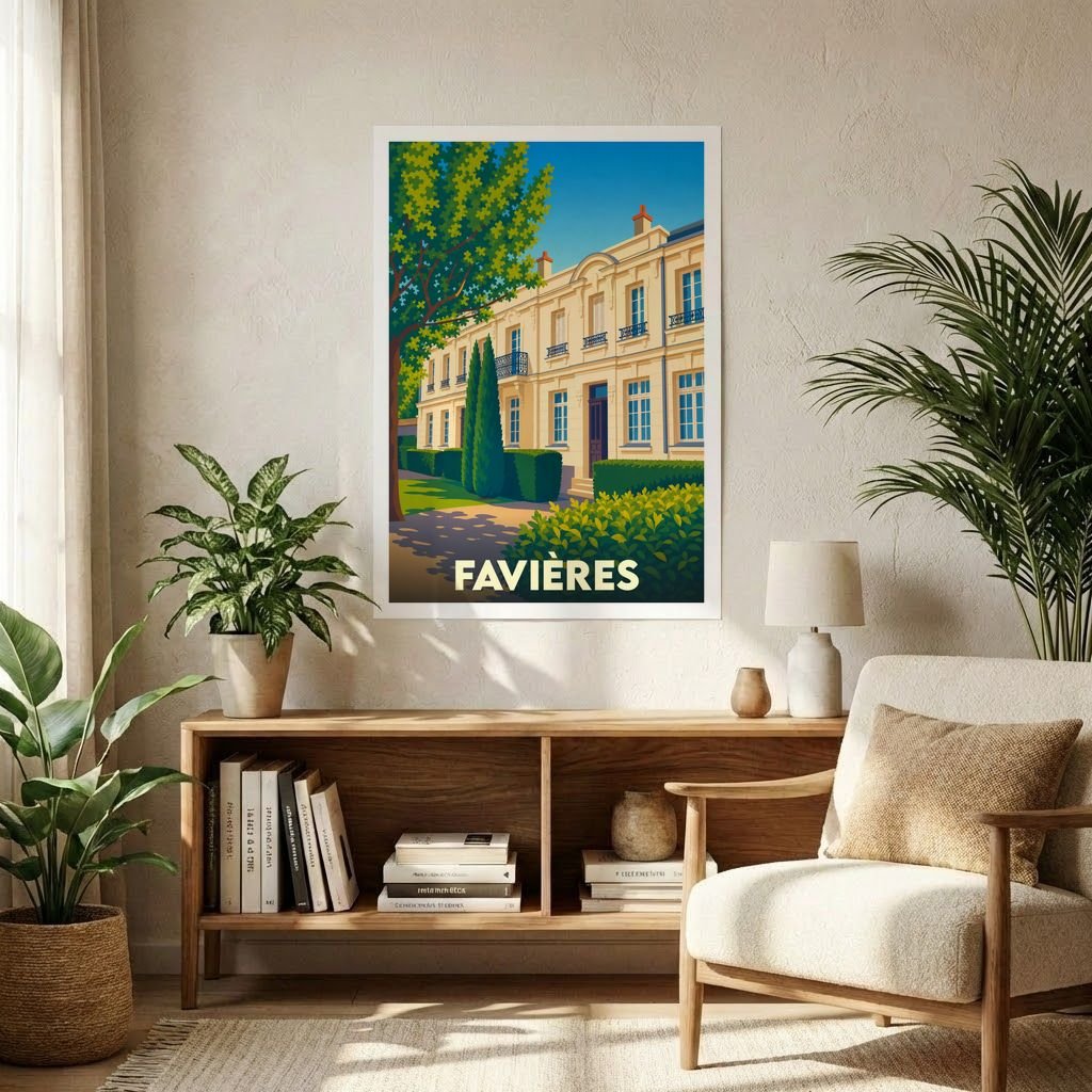 Affiche souvenir de la ville de Favières avec une illustration stylisée d'un bâtiment historique et de sa végétation.