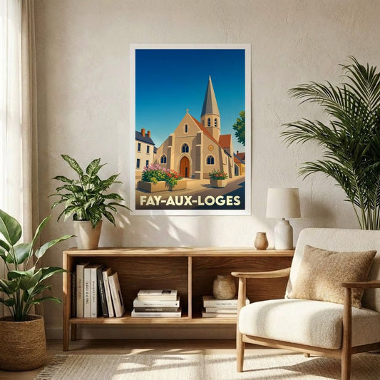 Affiche souvenir de la ville de Fay-aux-Loges avec une illustration stylisée de son église sous un ciel bleu.