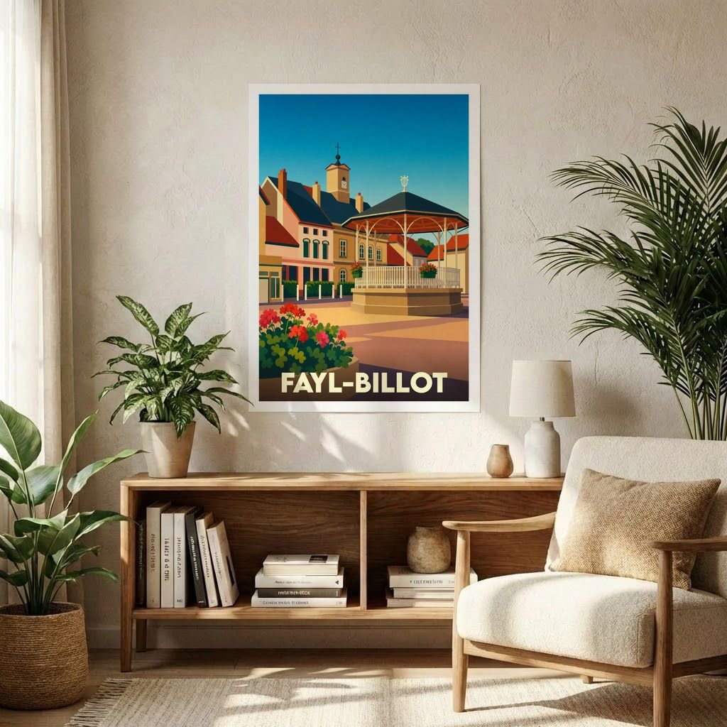 Affiche souvenir de la ville de Fayl-Billot avec une illustration stylisée de sa place centrale et de son kiosque.