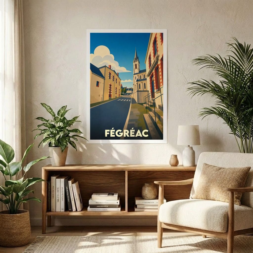 Affiche souvenir de la ville de Fégréac avec une illustration stylisée et colorée.