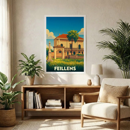Affiche souvenir de la ville de Feillens avec une illustration stylisée et colorée de son patrimoine architectural.