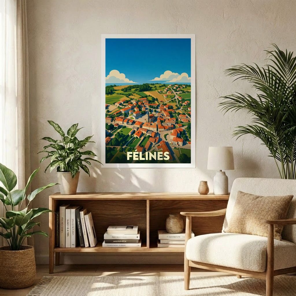 Affiche souvenir de la ville de Félines présentant une illustration stylisée et colorée vue du ciel.