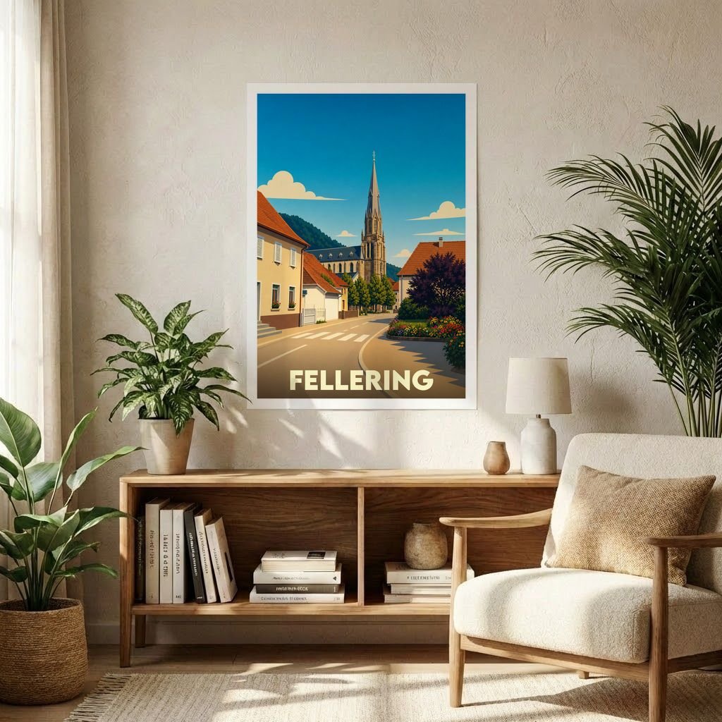 Affiche souvenir de la ville de Fellering avec une illustration stylisée d'une rue menant à son église.