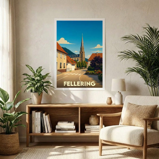 Affiche souvenir de la ville de Fellering avec une illustration stylisée d'une rue menant à son église.