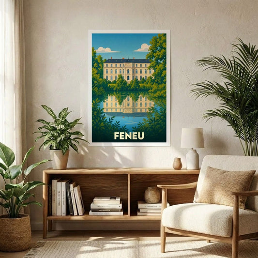 Affiche souvenir de la ville de Feneu représentant une illustration stylisée d'un château se reflétant dans l'eau.