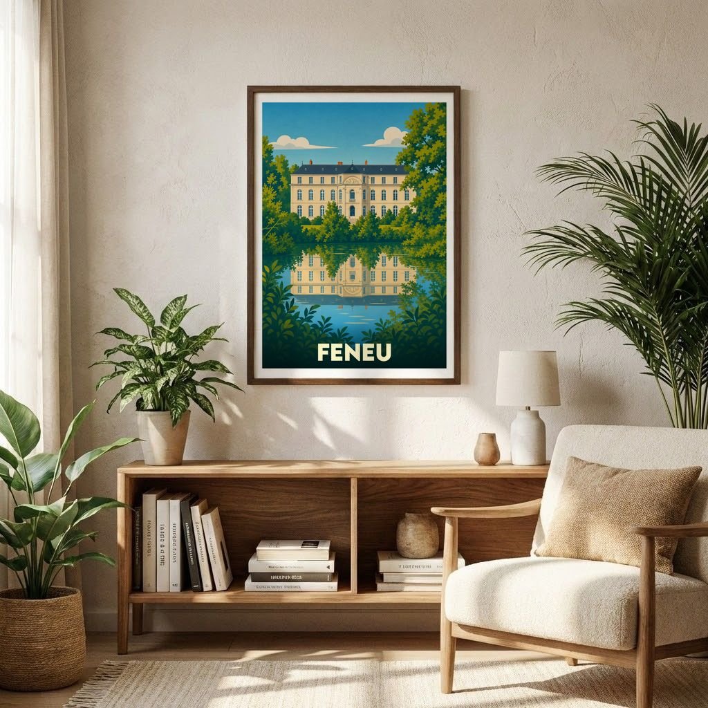 Affiche souvenir de la ville de Feneu avec une illustration stylisée d'un château se reflétant dans l'eau.