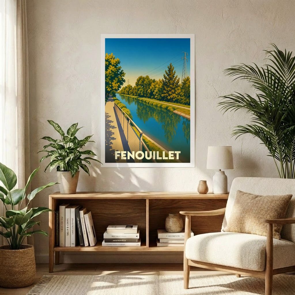 Affiche souvenir de la ville de Fenouillet illustrant une vue stylisée et ensoleillée du canal bordé d'arbres.