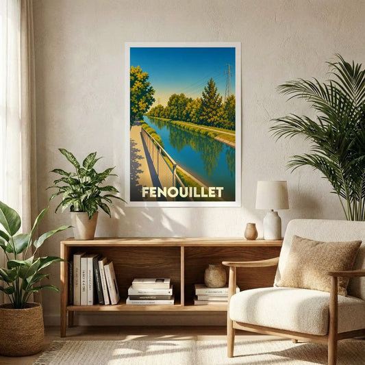 Affiche souvenir de la ville de Fenouillet illustrant une vue stylisée et ensoleillée du canal bordé d'arbres.
