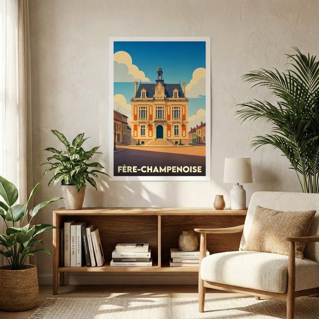 Affiche souvenir de la ville de Fère-Champenoise avec une illustration stylisée de son hôtel de ville.