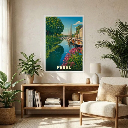 Affiche souvenir de la ville de Férel avec une illustration stylisée d'un port de plaisance fleuri.