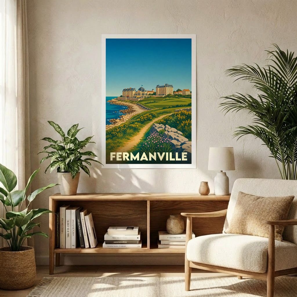 Affiche souvenir de la ville de Fermanville avec une illustration stylisée de son littoral et de son architecture.