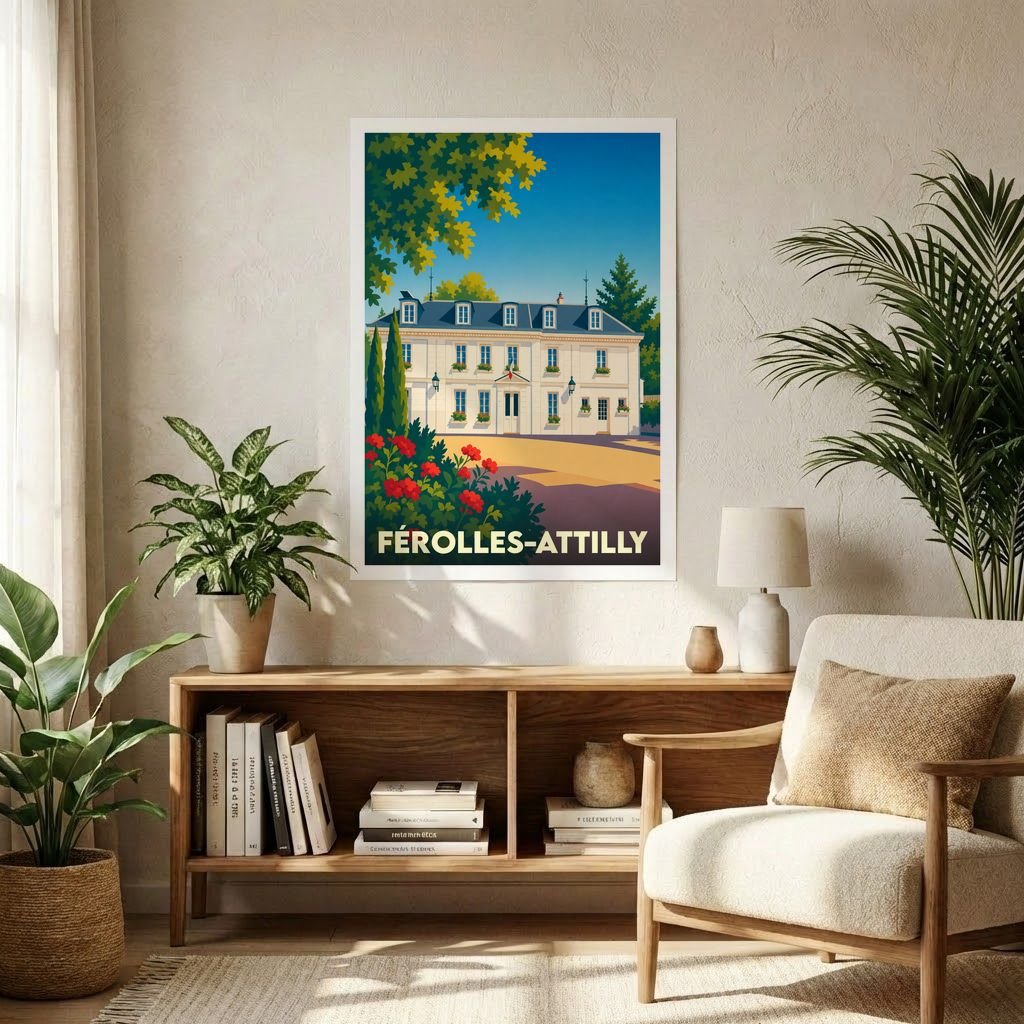 Affiche souvenir de la ville de Férolles-Attilly avec une illustration stylisée d'un bâtiment historique fleuri.