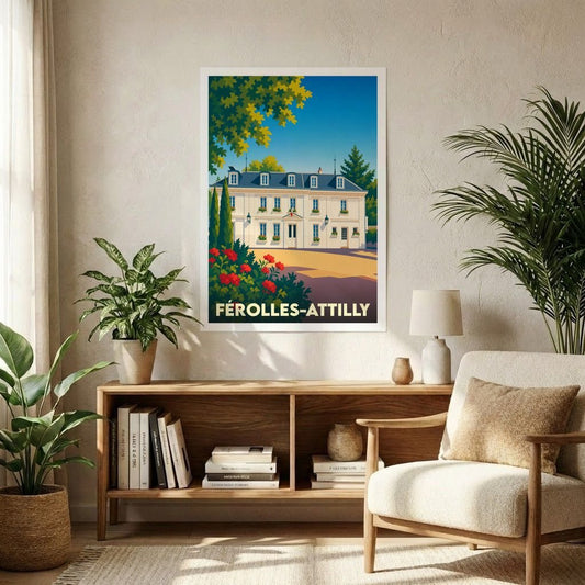Affiche souvenir de la ville de Férolles-Attilly avec une illustration stylisée d'un bâtiment historique fleuri.