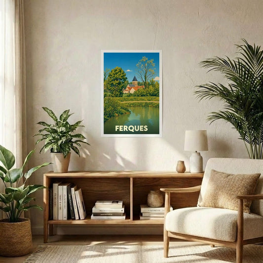Affiche souvenir de la ville de Ferques avec une illustration stylisée d'un paysage bucolique.