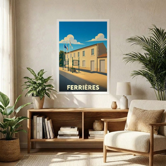 Affiche souvenir de la ville de Ferrières avec une illustration stylisée d'un bâtiment sous un ciel bleu.