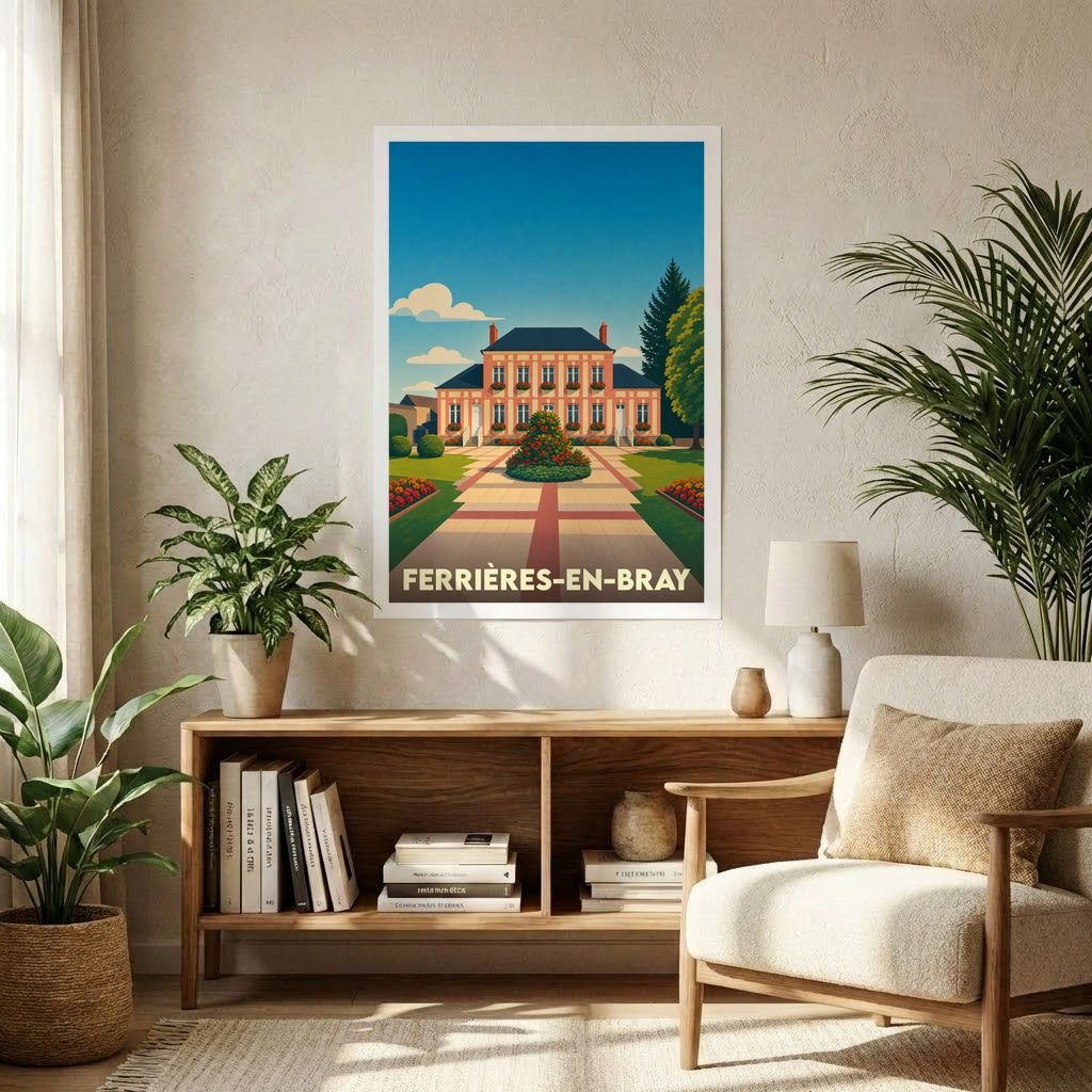 Affiche souvenir de la ville de Ferrières-en-Bray avec une illustration stylisée d'une demeure historique et de ses jardins.