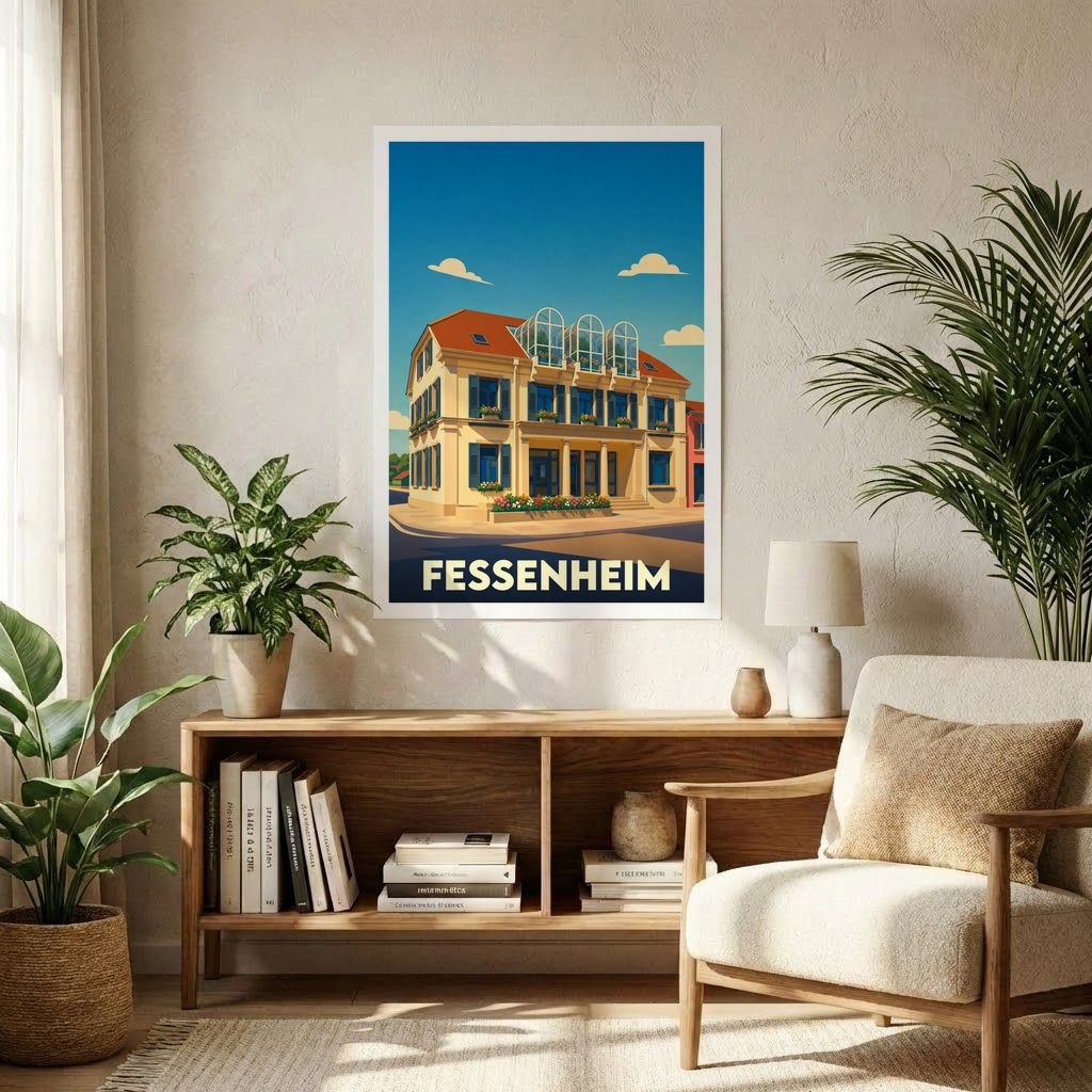 Affiche souvenir de la ville de Fessenheim avec une illustration stylisée d'un bâtiment emblématique sous un ciel bleu.