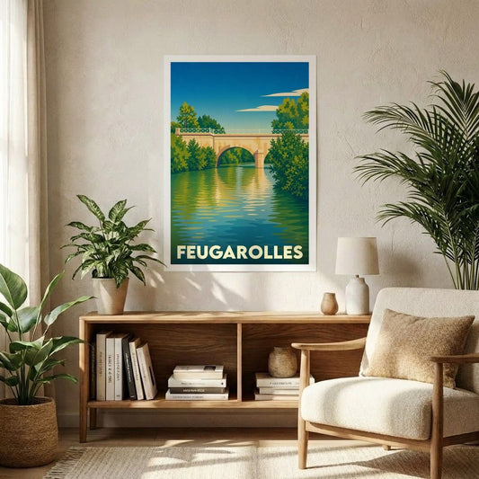 Affiche souvenir de la ville de Feugarolles présentant une illustration stylisée d'un pont au bord de l'eau.