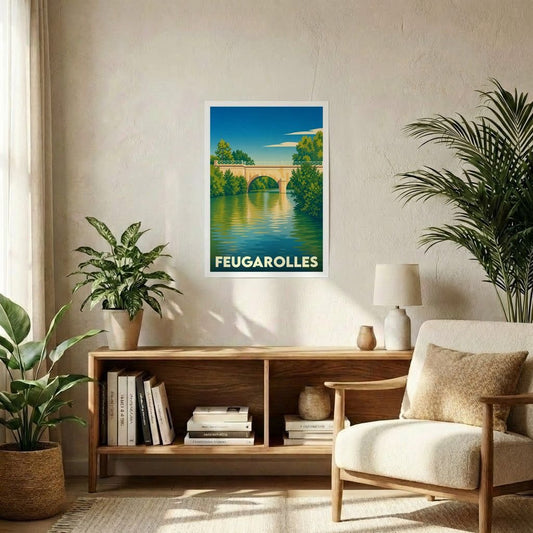 Affiche souvenir de la ville de Feugarolles avec une illustration stylisée d'un pont enjambant une rivière.