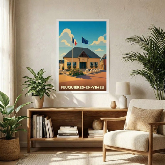 Affiche souvenir de la ville de Feuquières-en-Vimeu représentant une illustration stylisée de sa mairie sous un ciel azur.