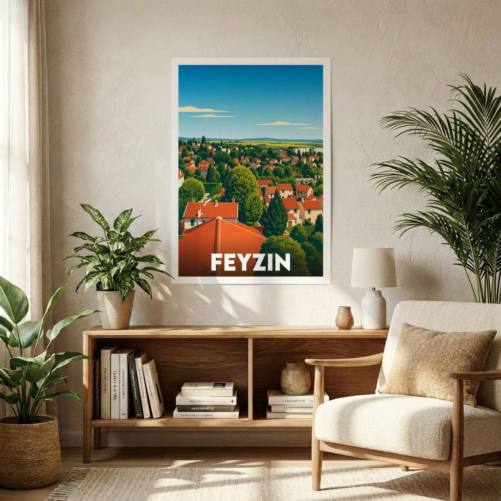 Affiche souvenir de la ville de Feyzin avec une illustration paysagère stylisée.
