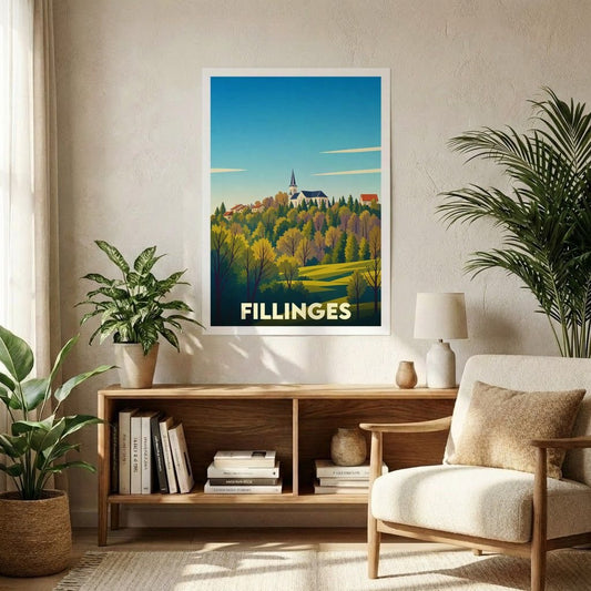 Affiche souvenir de la ville de Fillinges représentant une vue paysagère stylisée avec son église.