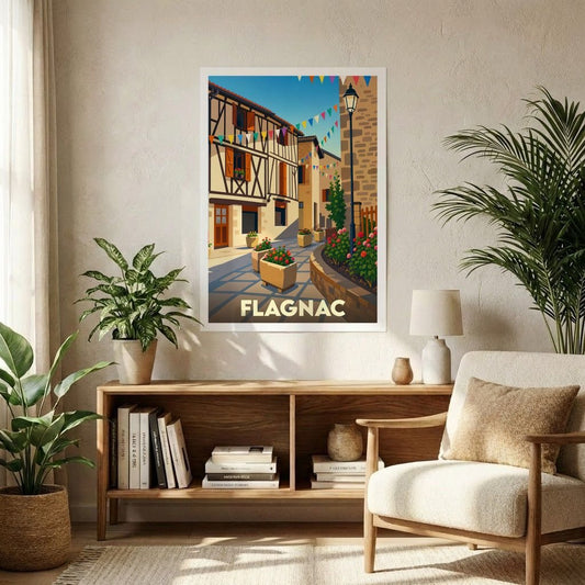 Affiche souvenir de la ville de Flagnac avec une illustration stylisée d'une rue pittoresque et fleurie.