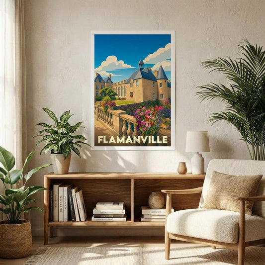 Affiche souvenir de la ville de Flamanville illustrant son château dans un style vintage et coloré.